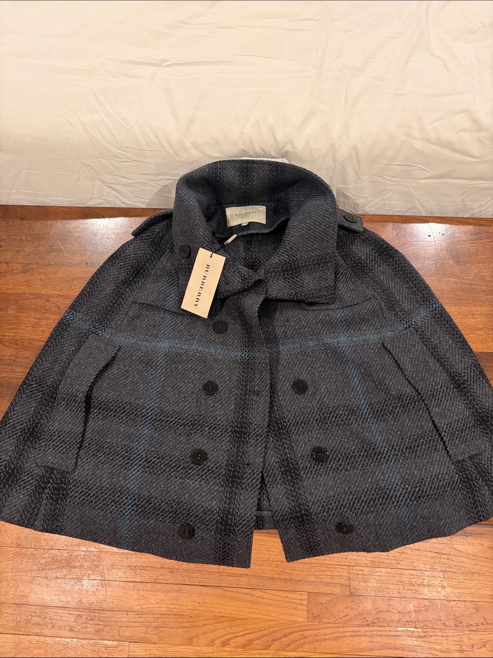 Burberry Charcoal and Blue Checked Wool Cape